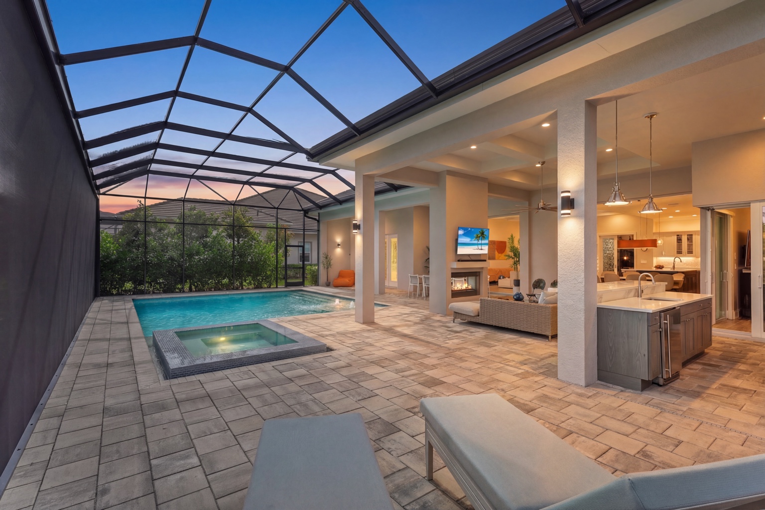 Pool and outdoor living at dusk photographed by Vuzario