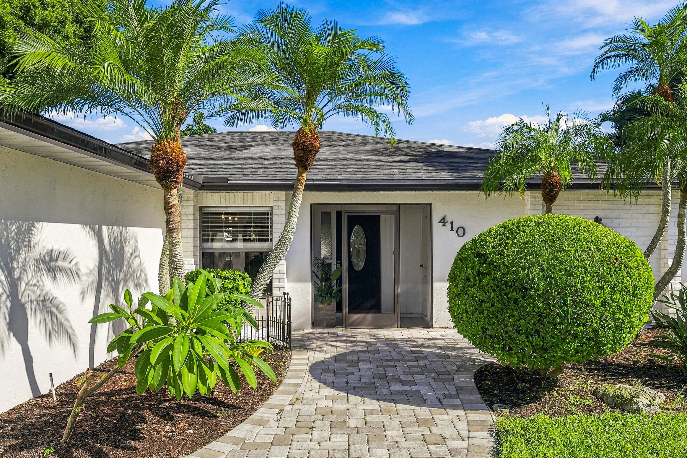 Palm-framed entrance and courtyard photographed by Vuzario