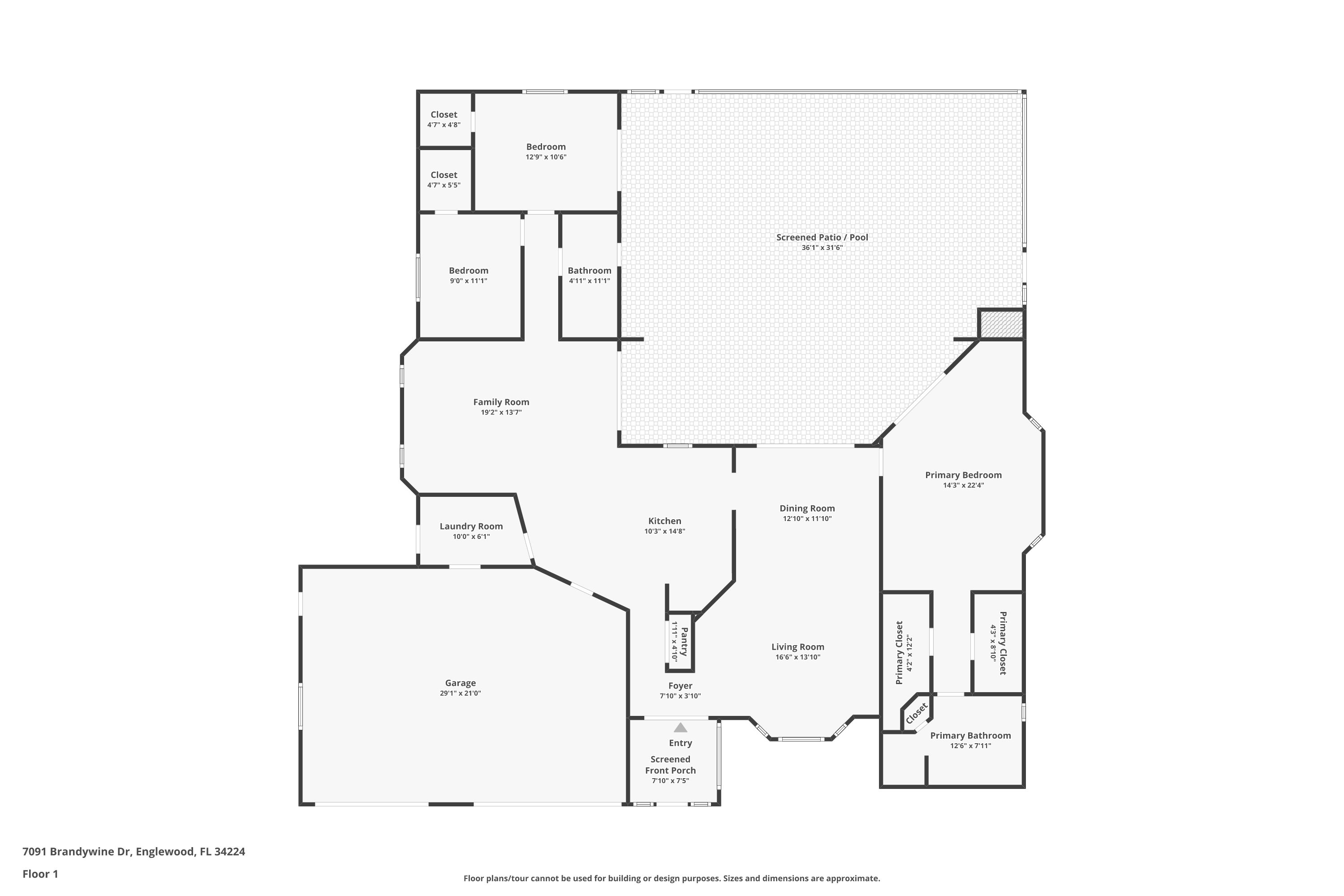 Vuzario floor plan for 7091 Brandywine Drive showing rooms, lanai and garage with dimensions