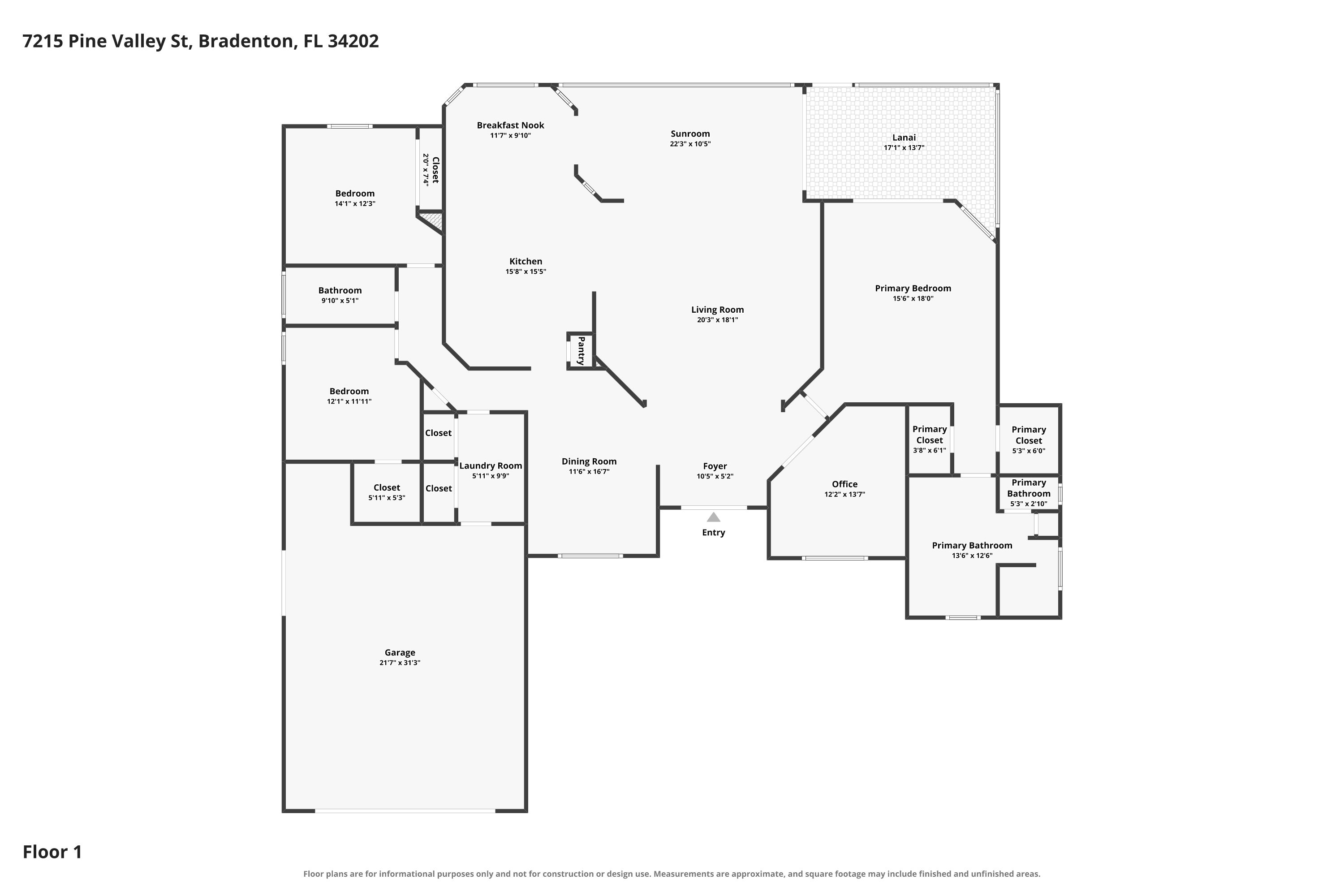 Vuzario floor plan of 7215 Pine Valley Street showing bedrooms, office, sunroom, lanai and garage with room dimensions
